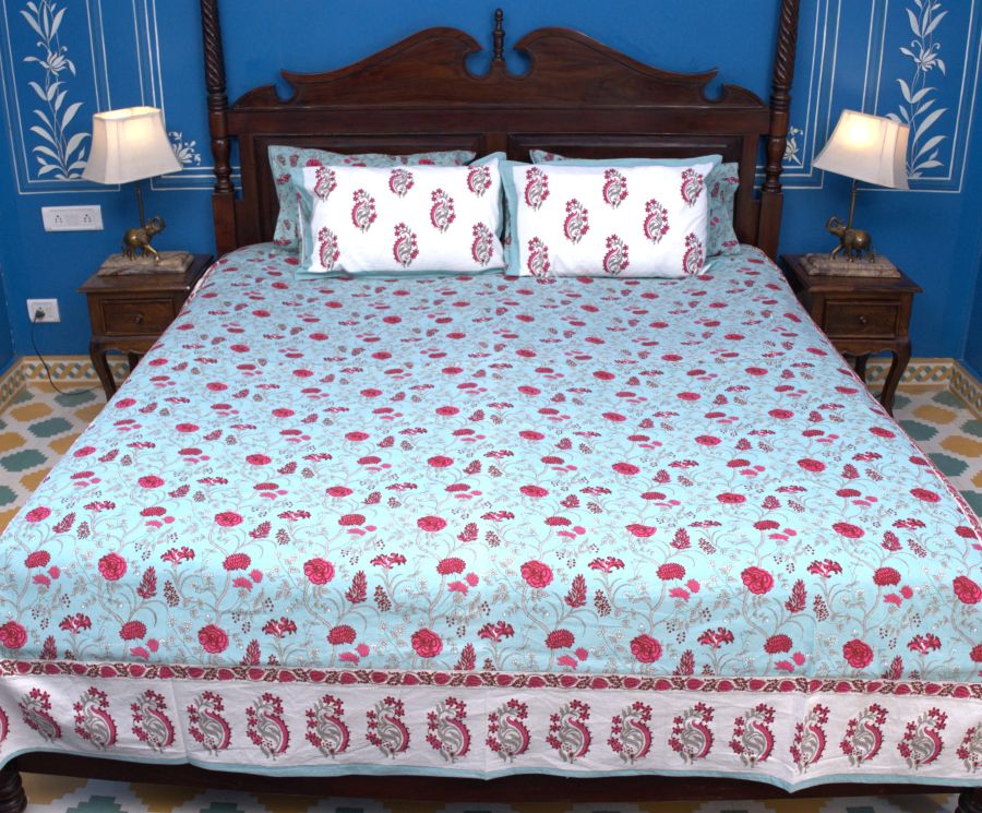 Red & Light Blue Mughal Floral Jal Hand Block Bedsheet with 2 Pillow Cover Set - 220TC
