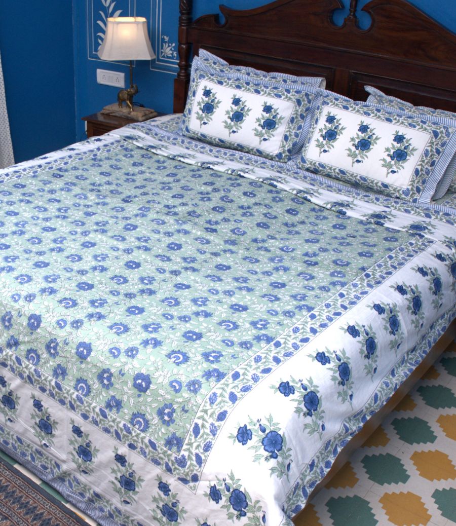 Blue Rose Floral Jal Hand Block Muslin Dohar