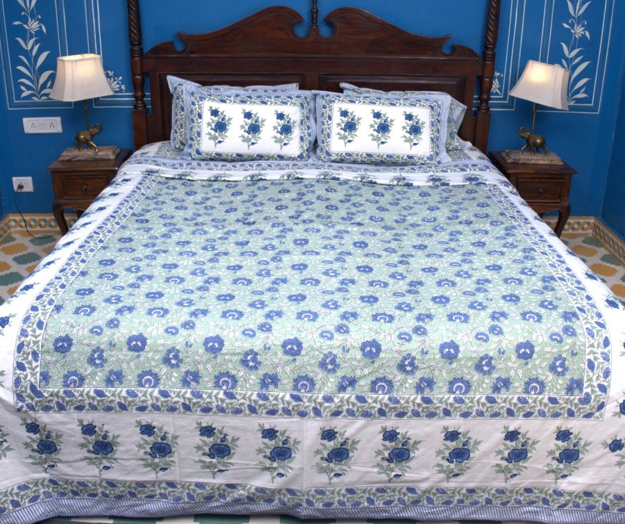 Blue Rose Floral Jal Hand Block Muslin Dohar