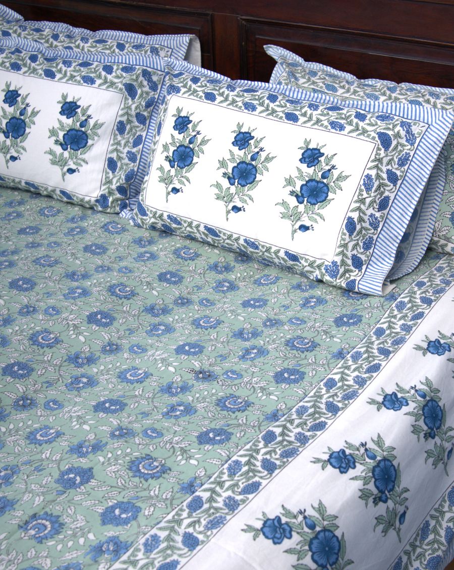 Blue Rose Floral Jal Hand Block Bedsheet with 2 Pillow Cover Set - 220TC