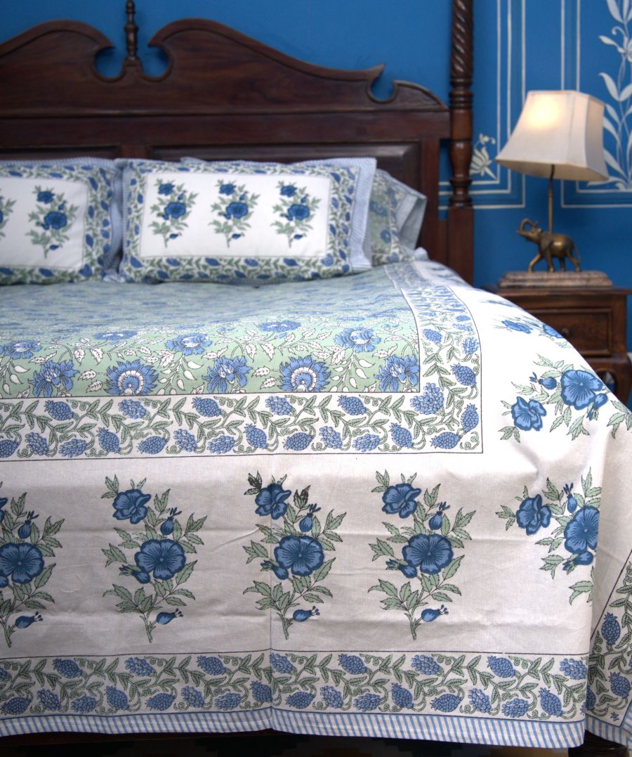 Blue Rose Floral Jal Hand Block Bedsheet with 2 Pillow Cover Set - 220TC