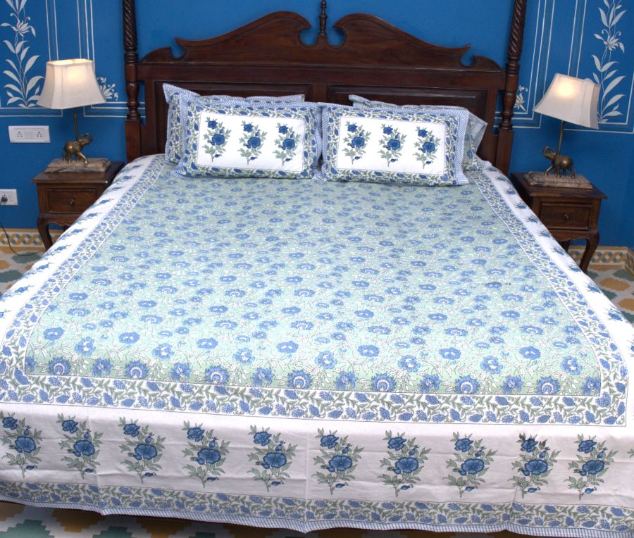 Blue Rose Floral Jal Hand Block Bedsheet with 2 Pillow Cover Set - 220TC