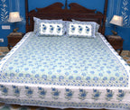 Blue Rose Floral Jal Hand Block Bedsheet with 2 Pillow Cover Set - 220TC