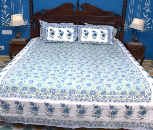 Blue Rose Floral Jal Hand Block Bedsheet with 2 Pillow Cover Set - 220TC