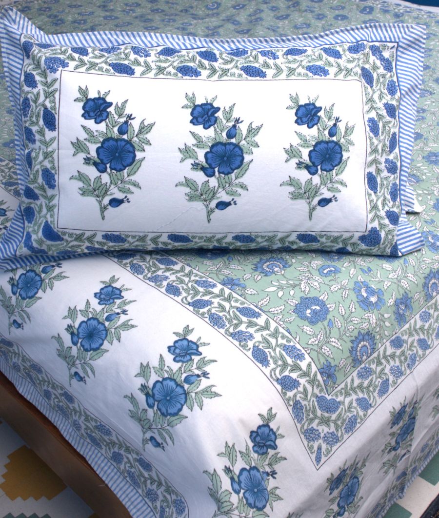 Blue Rose Floral Jal Hand Block Bedsheet with 2 Pillow Cover Set - 220TC