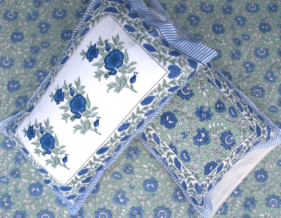 Blue Rose Floral Jal Hand Block Bedsheet with 2 Pillow Cover Set - 220TC