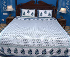 Blue Small Flower Butta Hand Block Bedsheet with 2 Pillow Cover Set - 220TC