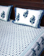 Blue Small Flower Butta Hand Block Bedsheet with 2 Pillow Cover Set - 220TC
