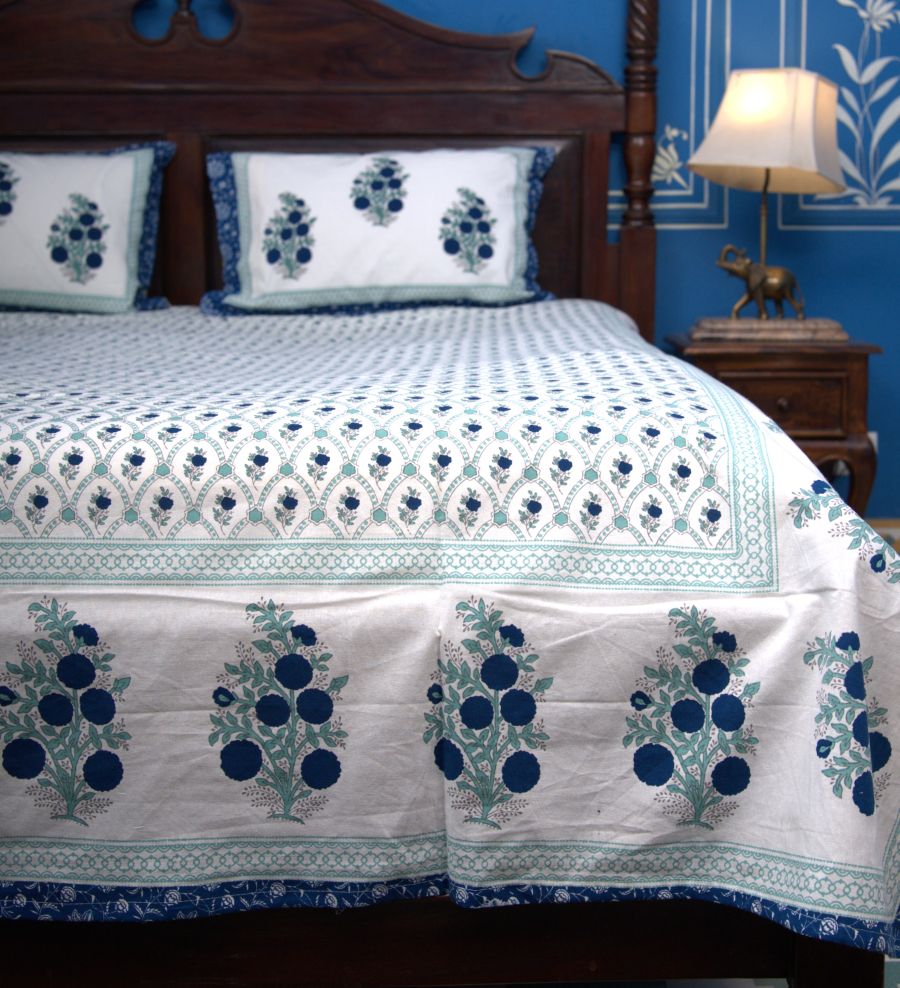 Blue Small Flower Butta Hand Block Bedsheet with 2 Pillow Cover Set - 220TC