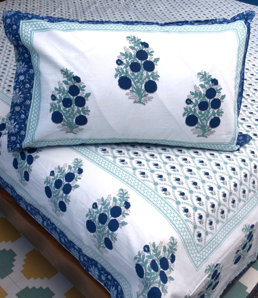 Blue Small Flower Butta Hand Block Bedsheet with 2 Pillow Cover Set - 220TC