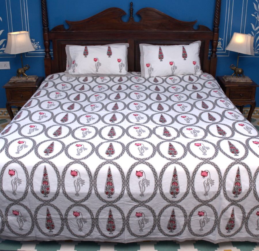 Red & Grey Tulip Mughal Floral Hand Block Bedsheet with 2 Pillow Cover Set - 220TC