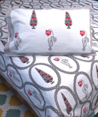 Red & Grey Tulip Mughal Floral Hand Block Bedsheet with 2 Pillow Cover Set - 220TC