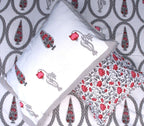 Red & Grey Tulip Mughal Floral Hand Block Bedsheet with 2 Pillow Cover Set - 220TC
