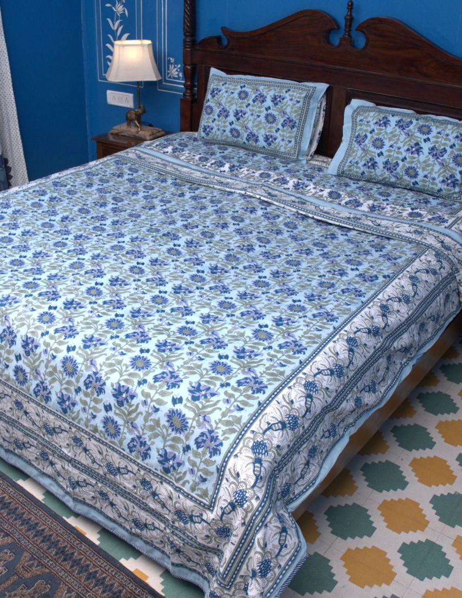 Blue Mughal Jal Hand Block Muslin Dohar