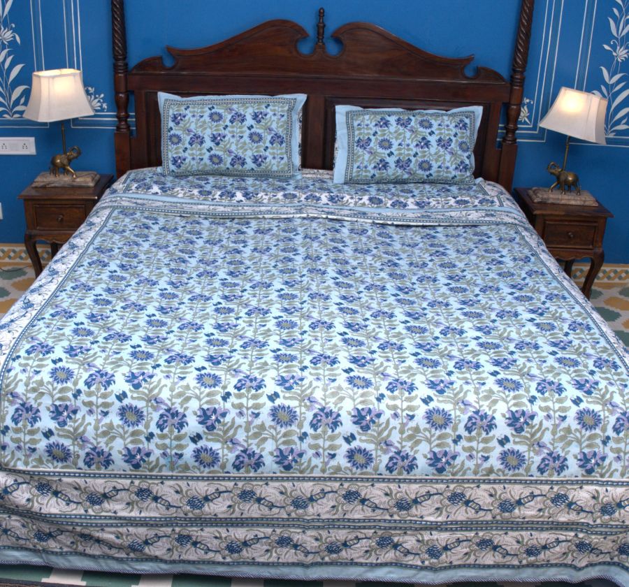Blue Mughal Jal Hand Block Muslin Dohar