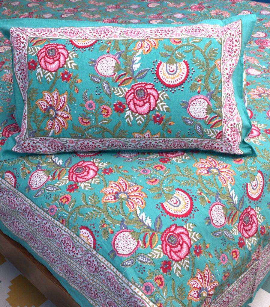 Turquoise Blue Floral Patterns in Shades of Pink, Red Hand Block Bedsheet with 2 Pillow Cover Set - 220TC