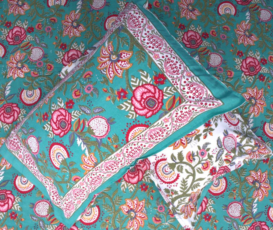 Turquoise Blue Floral Patterns in Shades of Pink, Red Hand Block Bedsheet with 2 Pillow Cover Set - 220TC