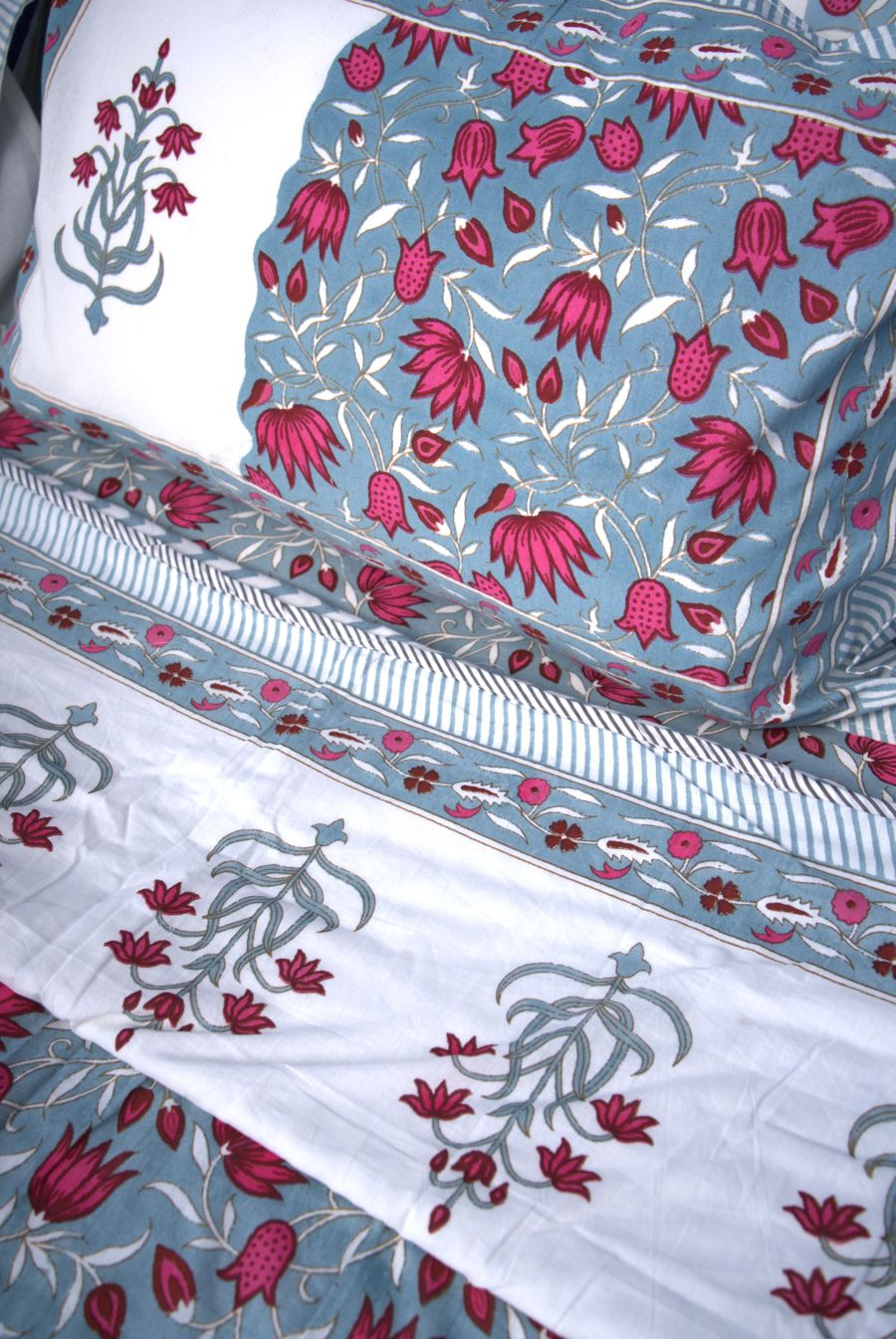Lotus Flower Jal Red & Blue Hand Block Muslin Dohar