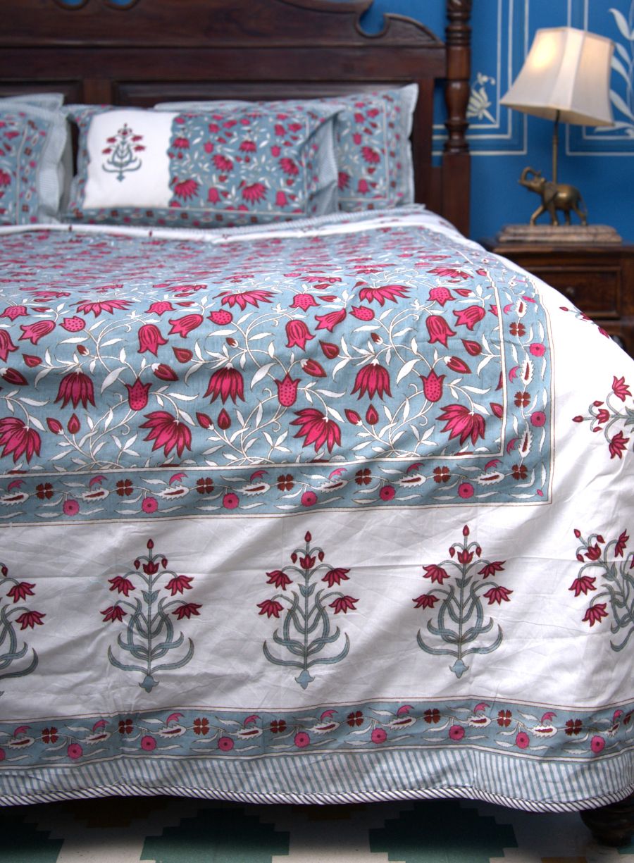Lotus Flower Jal Red & Blue Hand Block Muslin Dohar