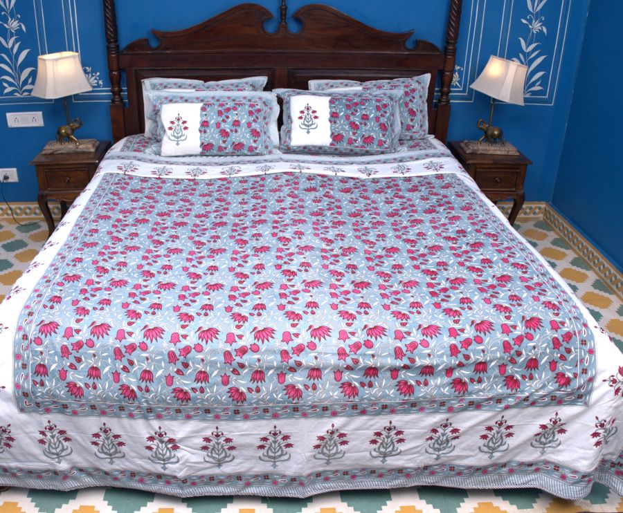 Lotus Flower Jal Red & Blue Hand Block Muslin Dohar