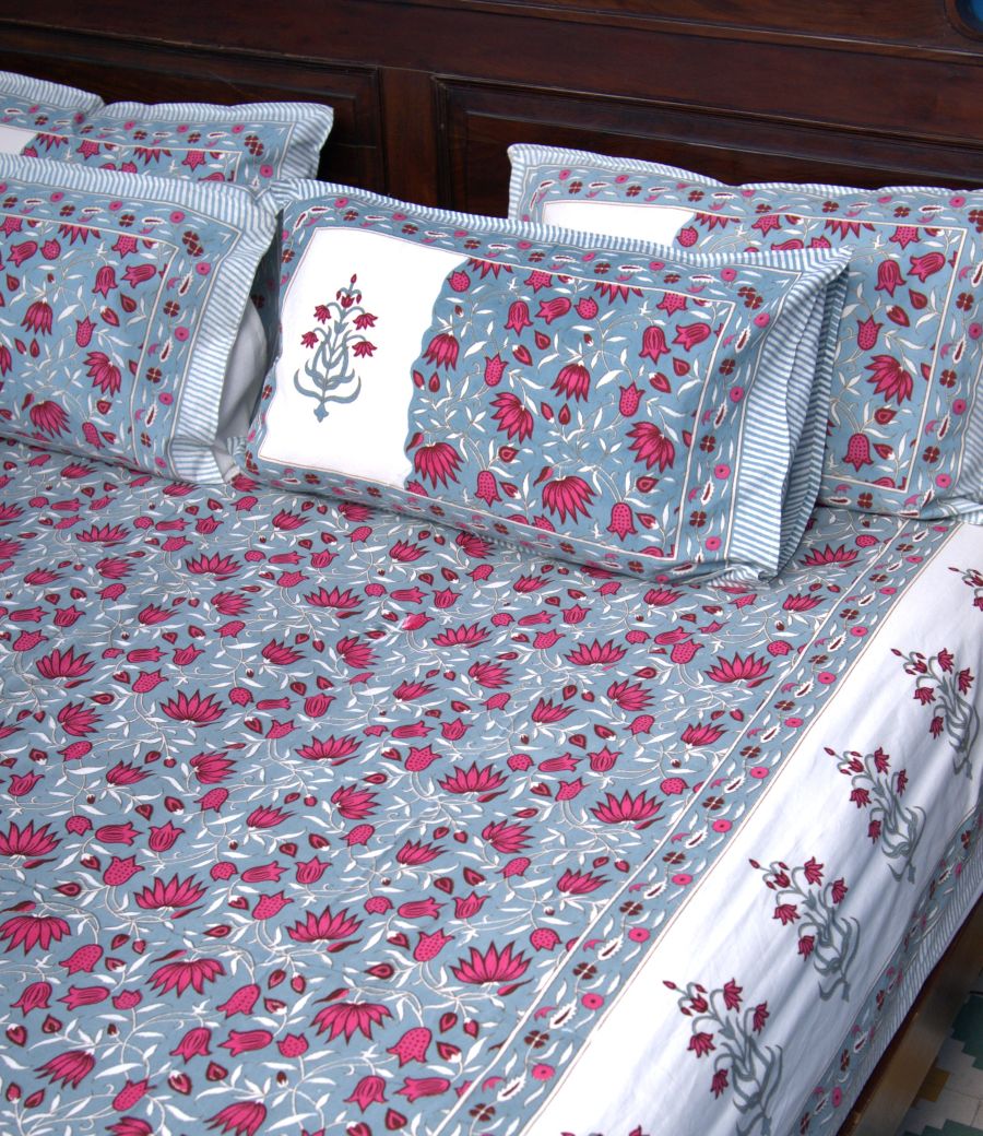 Lotus Flower Jal Red & Blue Hand Block Bedsheet with 2 Pillow Cover Set - 220TC