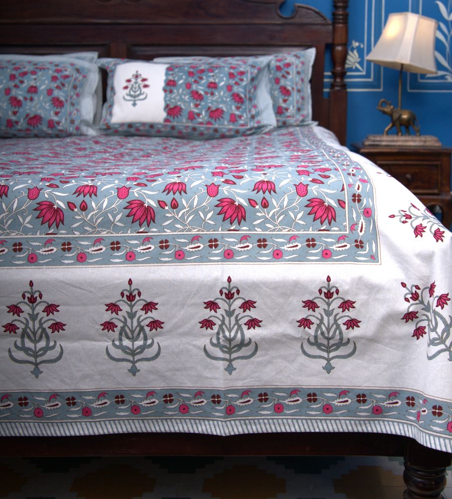 Lotus Flower Jal Red & Blue Hand Block Bedsheet with 2 Pillow Cover Set - 220TC
