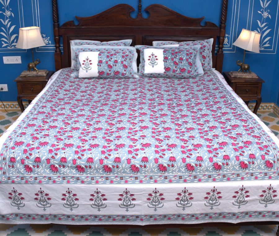 Lotus Flower Jal Red & Blue Hand Block Bedsheet with 2 Pillow Cover Set - 220TC