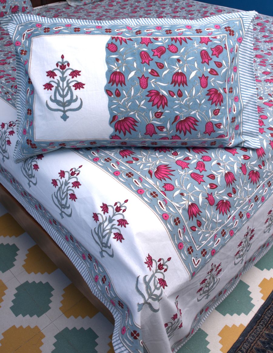 Lotus Flower Jal Red & Blue Hand Block Bedsheet with 2 Pillow Cover Set - 220TC