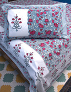 Lotus Flower Jal Red & Blue Hand Block Bedsheet with 2 Pillow Cover Set - 220TC