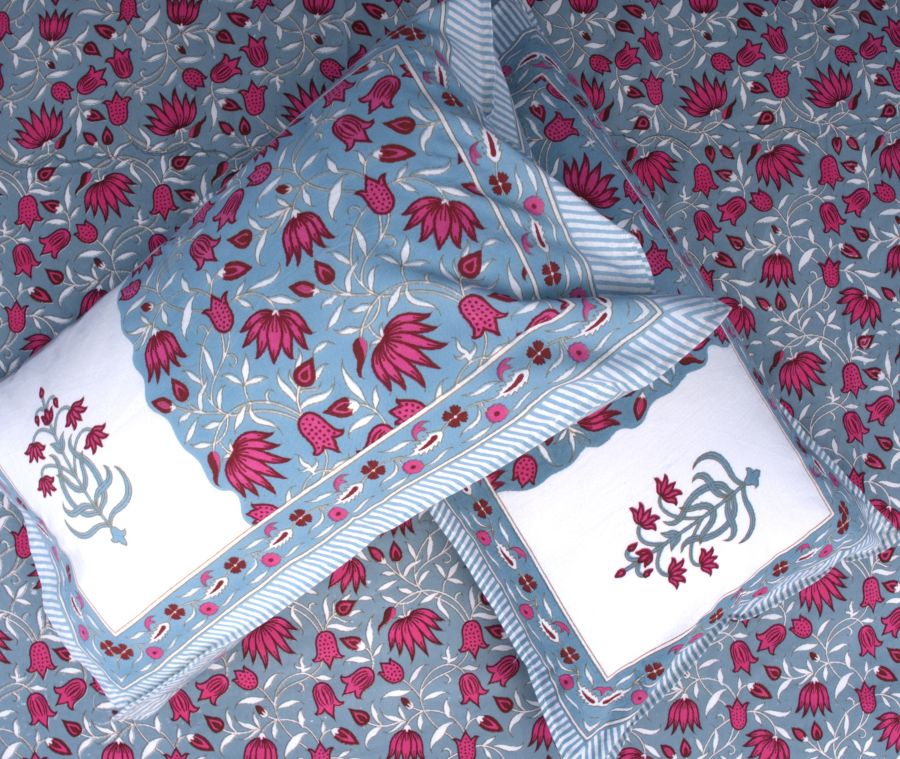 Lotus Flower Jal Red & Blue Hand Block Bedsheet with 2 Pillow Cover Set - 220TC