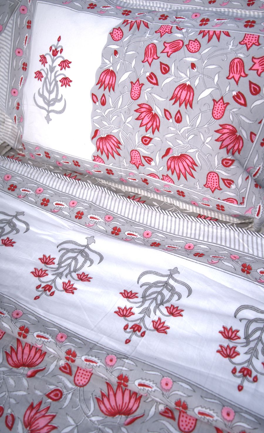 Lotus Flower Jal Pink & Grey Hand Block Muslin Dohar
