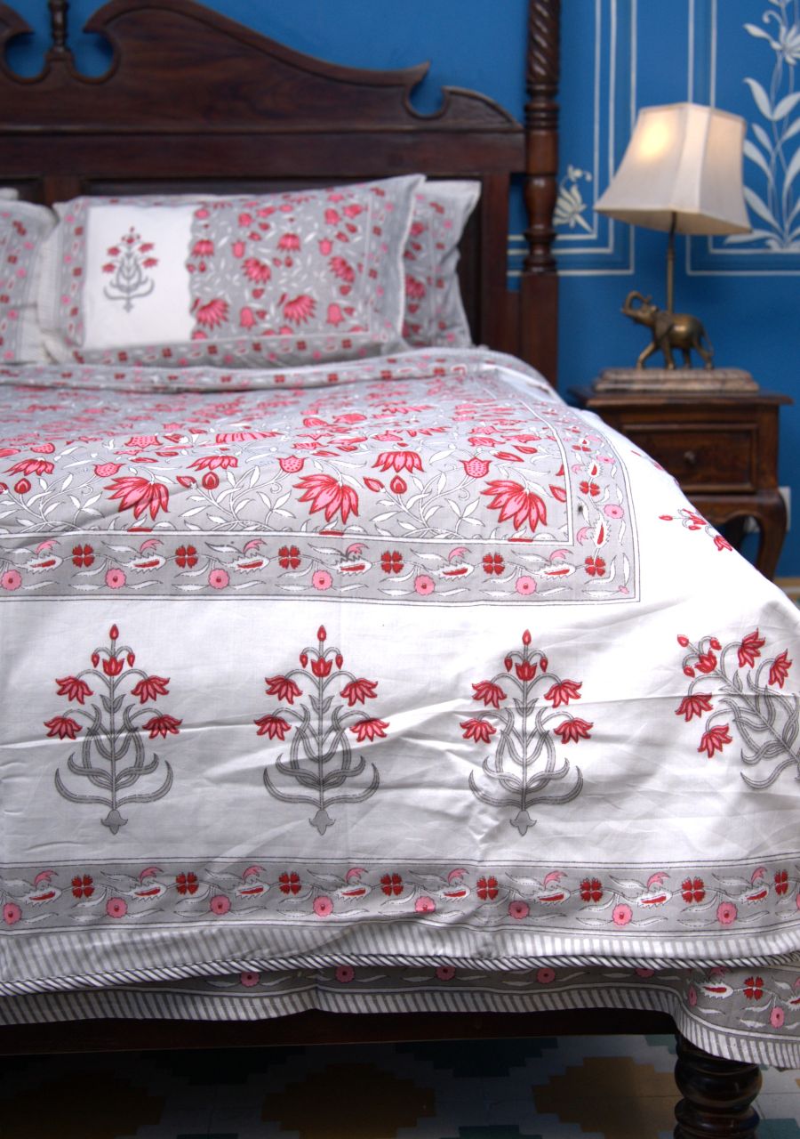 Lotus Flower Jal Pink & Grey Hand Block Muslin Dohar
