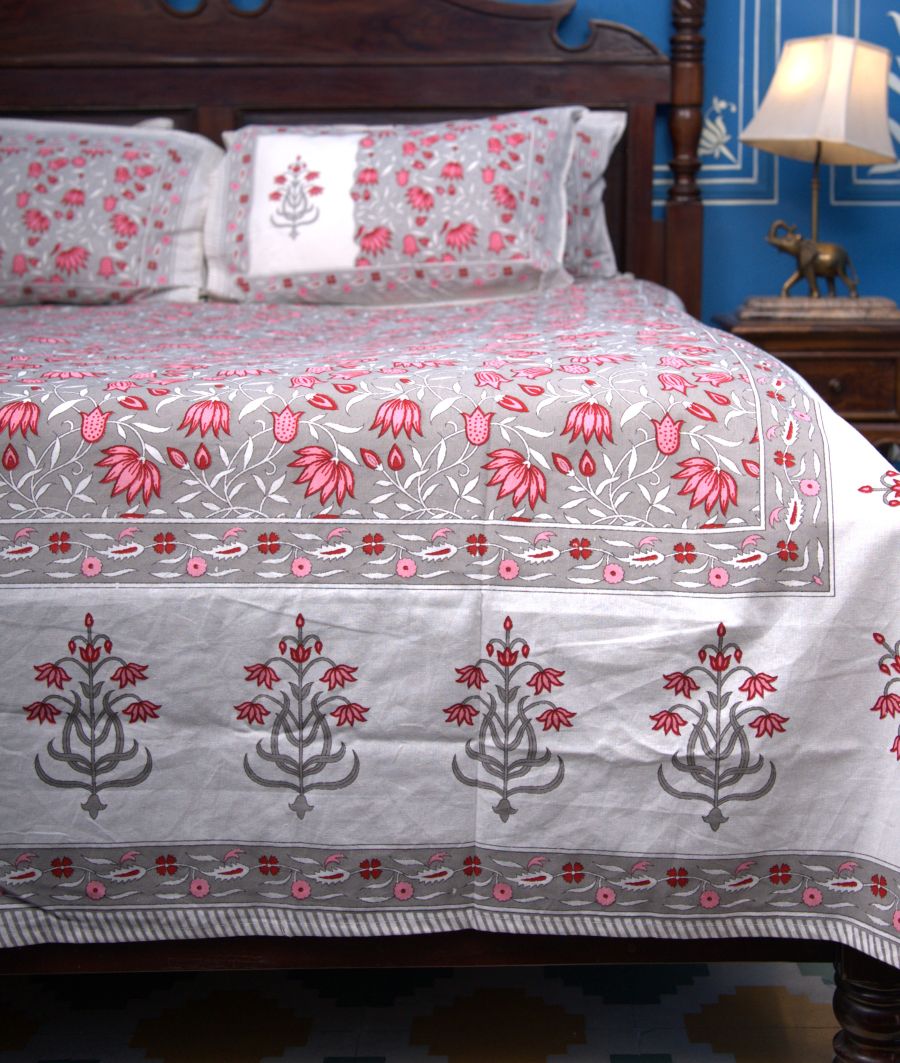 Lotus Flower Jal Pink & Grey Hand Block Bedsheet with 2 Pillow Cover Set - 220TC