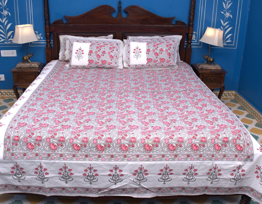 Lotus Flower Jal Pink & Grey Hand Block Bedsheet with 2 Pillow Cover Set - 220TC