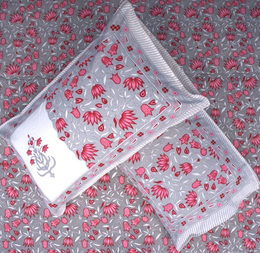 Lotus Flower Jal Pink & Grey Hand Block Bedsheet with 2 Pillow Cover Set - 220TC