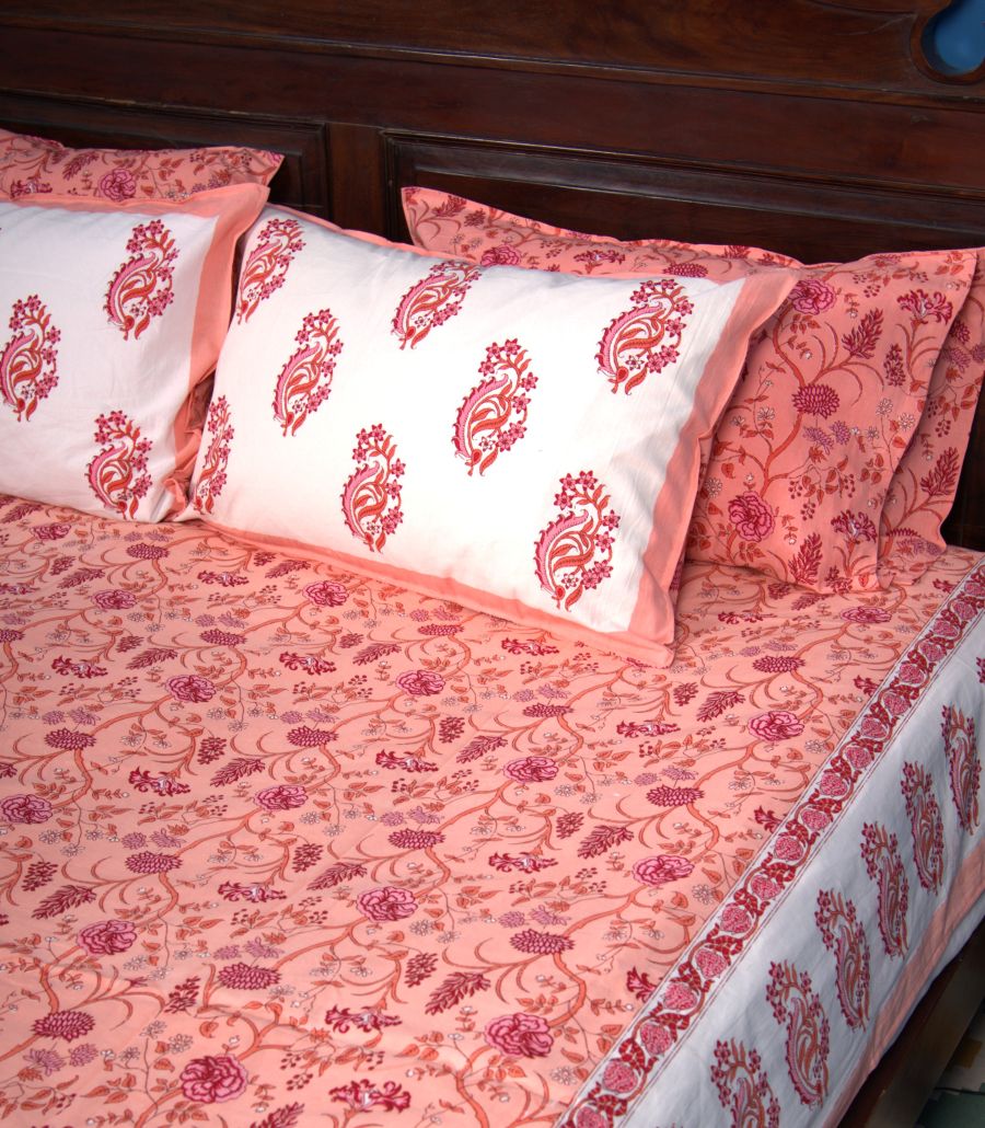 Orange Mughal Floral Jal Hand Block Bedsheet with 2 Pillow Cover Set - 220TC