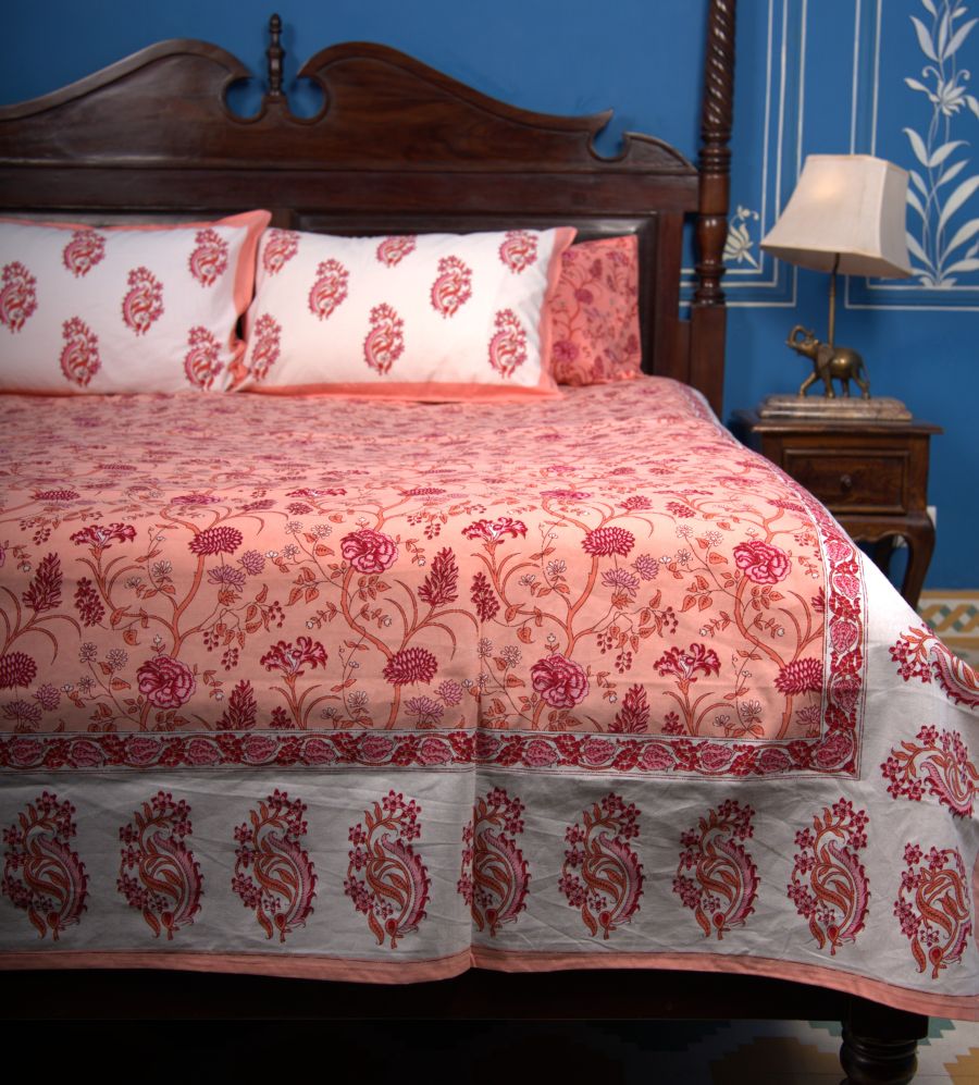 Orange Mughal Floral Jal Hand Block Bedsheet with 2 Pillow Cover Set - 220TC