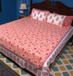 Orange Mughal Floral Jal Hand Block Bedsheet with 2 Pillow Cover Set - 220TC