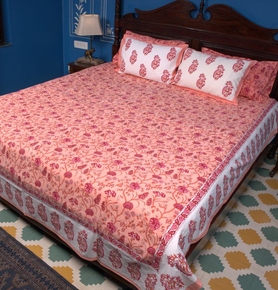Orange Mughal Floral Jal Hand Block Bedsheet with 2 Pillow Cover Set - 220TC