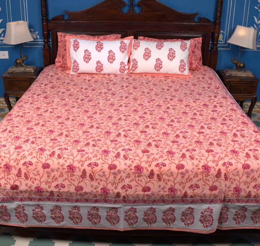 Orange Mughal Floral Jal Hand Block Bedsheet with 2 Pillow Cover Set - 220TC