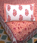 Orange Mughal Floral Jal Hand Block Bedsheet with 2 Pillow Cover Set - 220TC
