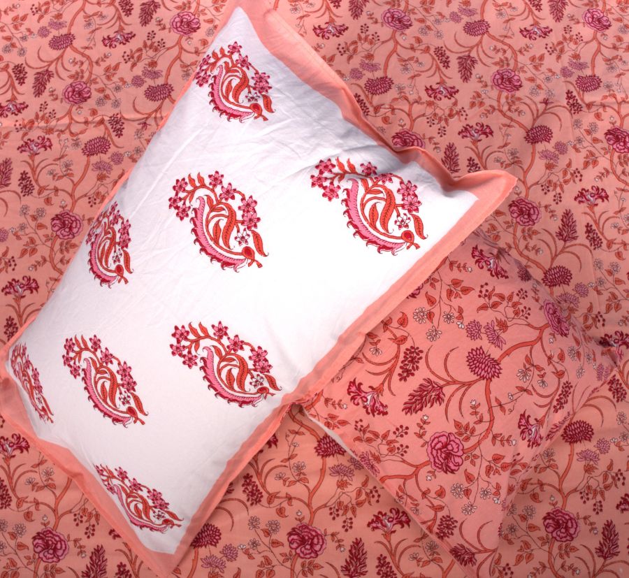 Orange Mughal Floral Jal Hand Block Bedsheet with 2 Pillow Cover Set - 220TC