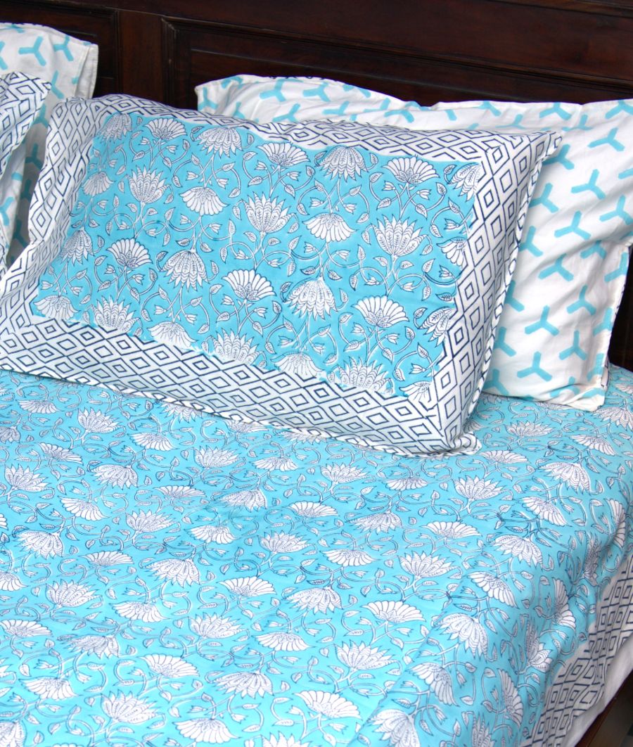 Sky Blue Floral Hand Block Bedsheet with 2 Pillow Cover Set - 400TC