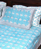 Sky Blue Floral Hand Block Bedsheet with 2 Pillow Cover Set - 400TC