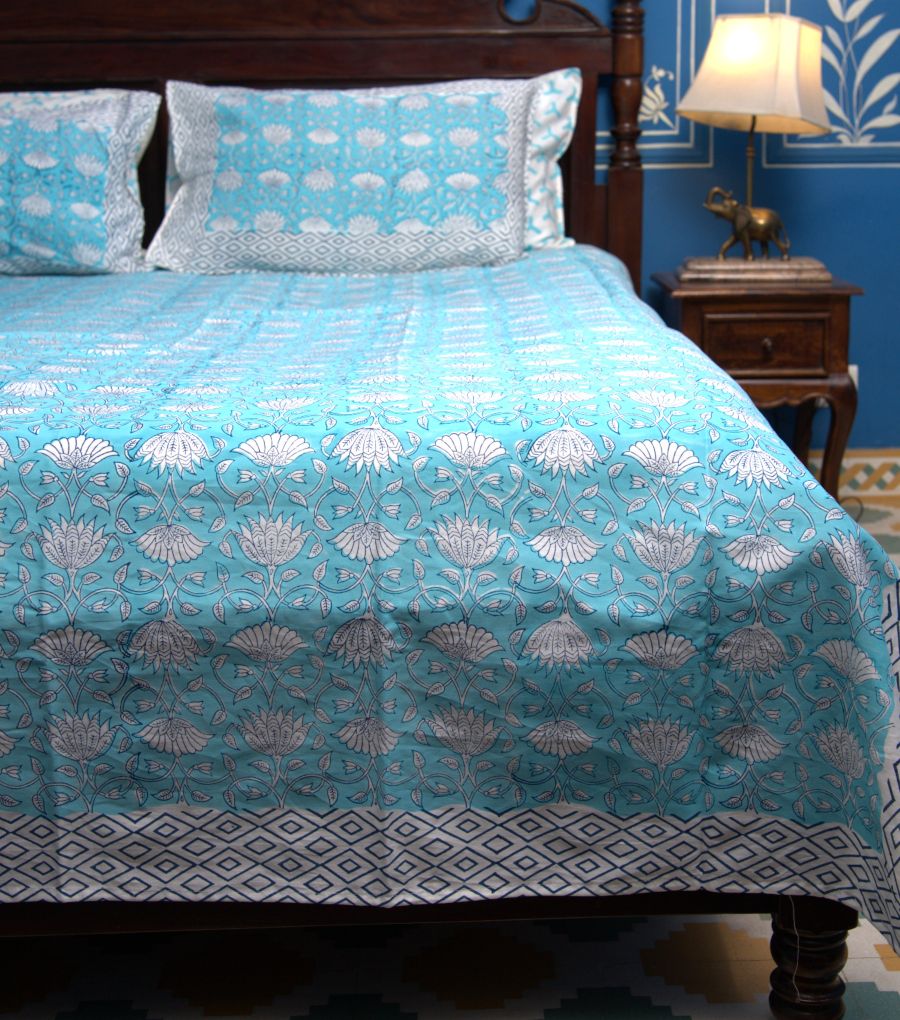 Sky Blue Floral Hand Block Bedsheet with 2 Pillow Cover Set - 400TC