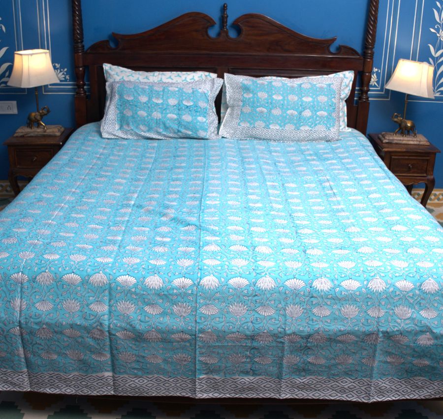 Sky Blue Floral Hand Block Bedsheet with 2 Pillow Cover Set - 400TC