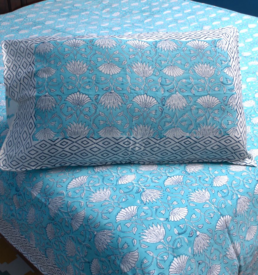 Sky Blue Floral Hand Block Bedsheet with 2 Pillow Cover Set - 400TC