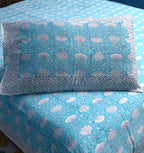 Sky Blue Floral Hand Block Bedsheet with 2 Pillow Cover Set - 400TC