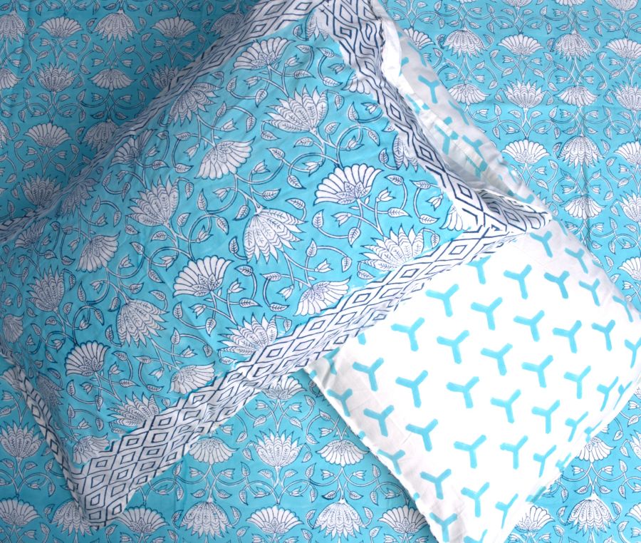Sky Blue Floral Hand Block Bedsheet with 2 Pillow Cover Set - 400TC