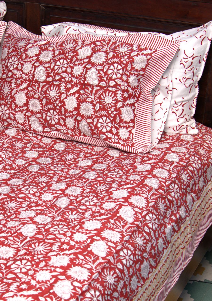 Red Floral Hand Block Bedsheet with 2 Pillow Cover Set - 400TC